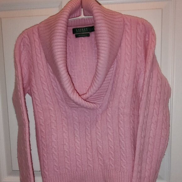 RALPH LAUREN 100% CASHMERE CABLE KNIT SHAWL COLLAR SWEATER PINK SIZE MEDIUM - Picture 1 of 8